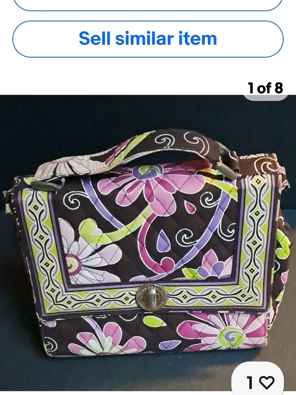 Vera Bradley Floral Brown Quilt Purple Green Shoulder Bag Turn Lock Zip, Pockets